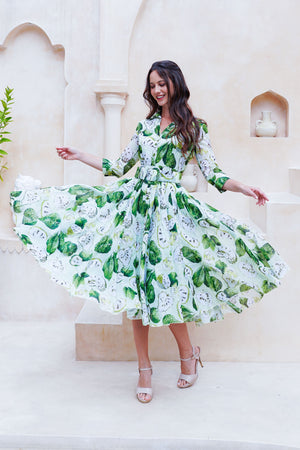 Aster Dress Shirt Collar 3/4 Sleeve Midi Length Cotton Musola (Watercolor Soursop Pastel)