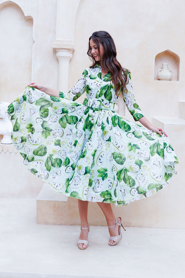 Aster Dress Shirt Collar 3/4 Sleeve Midi Length Cotton Musola (Watercolor Soursop Pastel)