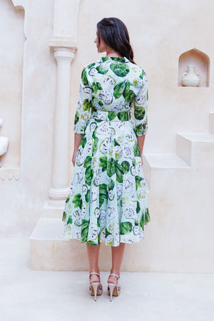 Aster Dress Shirt Collar 3/4 Sleeve Midi Length Cotton Musola (Watercolor Soursop Pastel)