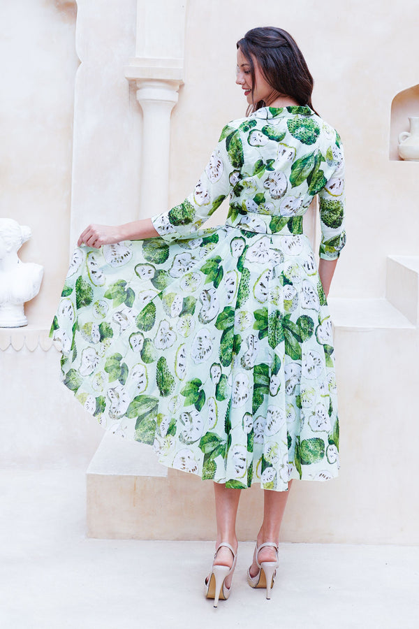 Aster Dress Shirt Collar 3/4 Sleeve Midi Length Cotton Musola (Watercolor Soursop Pastel)