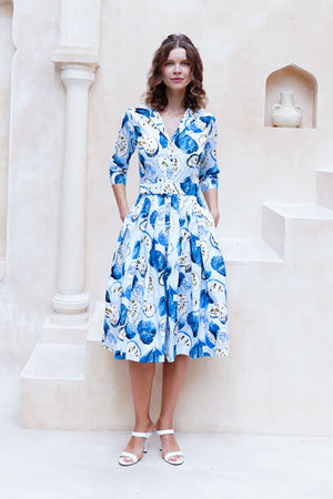 Audrey Dress #2 Shirt Collar 3/4 Sleeve Long Length Cotton Stretch (Watercolor Soursop Pastel)