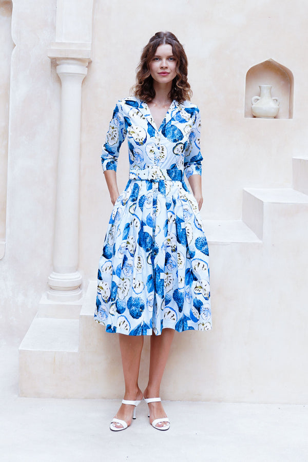 Audrey Dress #2 Shirt Collar 3/4 Sleeve Long Length Cotton Stretch (Watercolor Soursop Pastel)