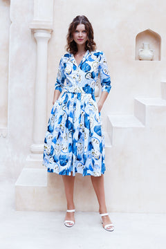 Audrey Dress #2 Shirt Collar 3/4 Sleeve Long Length Cotton Stretch (Watercolor Soursop Pastel)