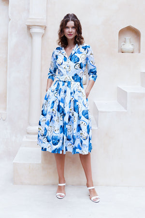 Audrey Dress #2 Shirt Collar 3/4 Sleeve Long Length Cotton Stretch (Watercolor Soursop Pastel)