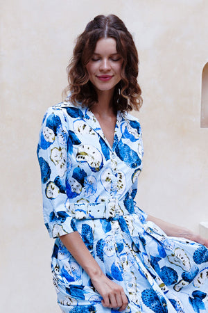 Audrey Dress #2 Shirt Collar 3/4 Sleeve Long Length Cotton Stretch (Watercolor Soursop Pastel)