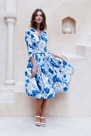 Audrey Dress #2 Shirt Collar 3/4 Sleeve Long Length Cotton Stretch (Watercolor Soursop Pastel)