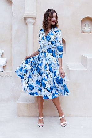 Audrey Dress #2 Shirt Collar 3/4 Sleeve Long Length Cotton Stretch (Watercolor Soursop Pastel)