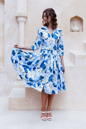 Audrey Dress #2 Shirt Collar 3/4 Sleeve Long Length Cotton Stretch (Watercolor Soursop Pastel)