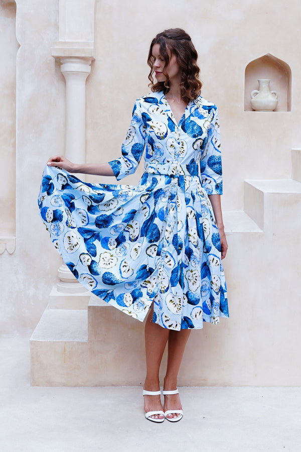 Audrey Dress #2 Shirt Collar 3/4 Sleeve Long Length Cotton Stretch (Watercolor Soursop Pastel)