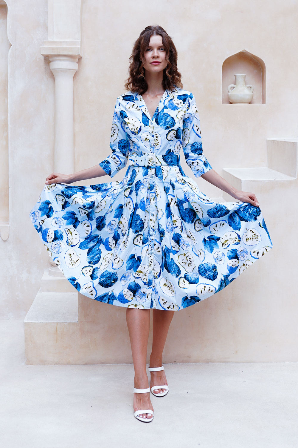 Audrey Dress #2 Shirt Collar 3/4 Sleeve Long Length Cotton Stretch (Watercolor Soursop Pastel)