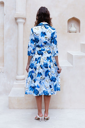 Audrey Dress #2 Shirt Collar 3/4 Sleeve Long Length Cotton Stretch (Watercolor Soursop Pastel)