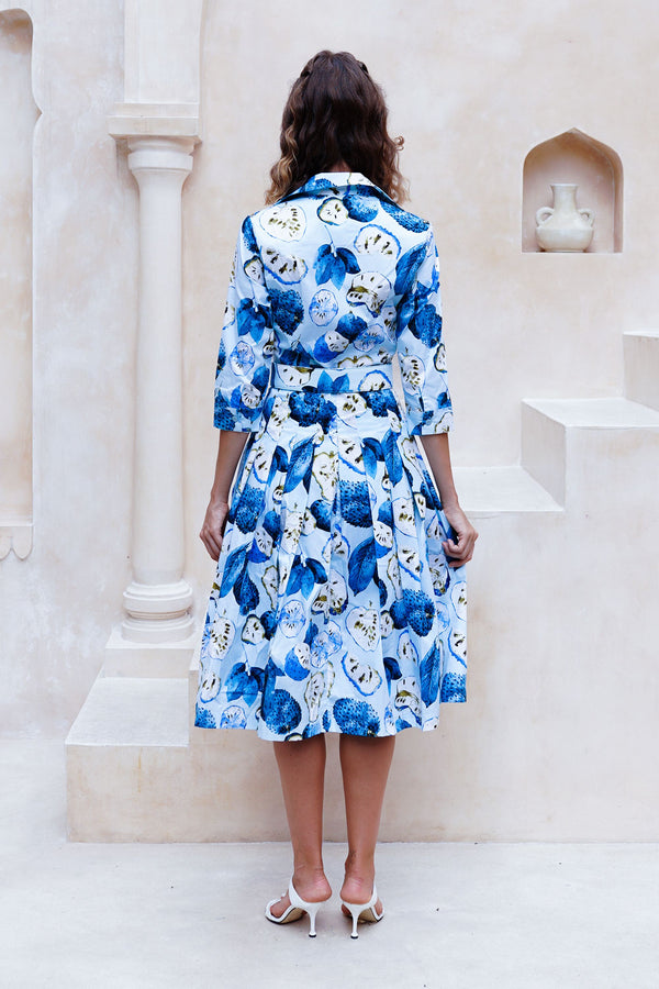 Audrey Dress #2 Shirt Collar 3/4 Sleeve Long Length Cotton Stretch (Watercolor Soursop Pastel)