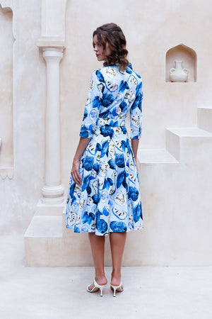 Audrey Dress #2 Shirt Collar 3/4 Sleeve Long Length Cotton Stretch (Watercolor Soursop Pastel)