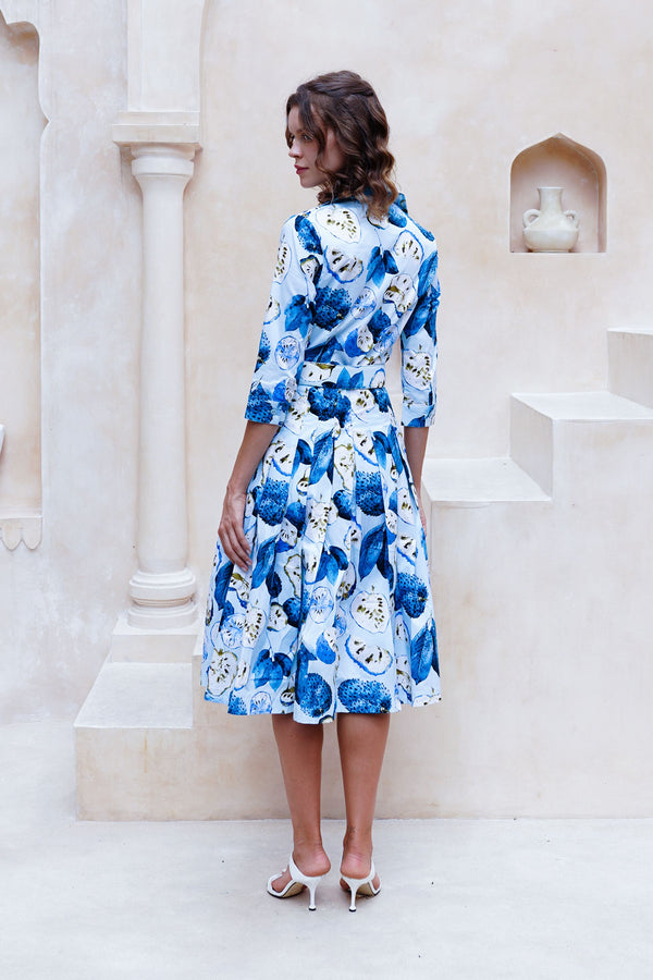 Audrey Dress #2 Shirt Collar 3/4 Sleeve Long Length Cotton Stretch (Watercolor Soursop Pastel)