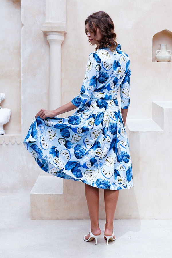 Audrey Dress #2 Shirt Collar 3/4 Sleeve Long Length Cotton Stretch (Watercolor Soursop Pastel)