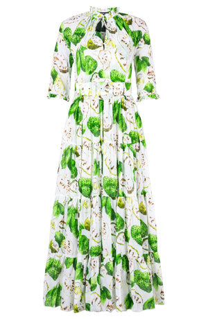 Eva Dress Crew Neck 3/4 Sleeve Maxi Length Cotton Musola (Watercolor Soursop White)