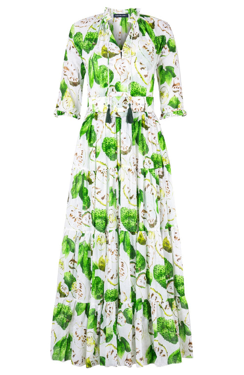 Eva Dress Crew Neck 3/4 Sleeve Maxi Length Cotton Musola (Watercolor Soursop White)
