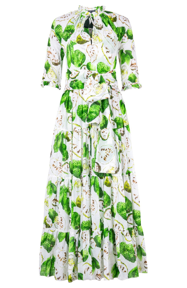 Eva Dress Crew Neck 3/4 Sleeve Maxi Length Cotton Musola (Watercolor Soursop White)