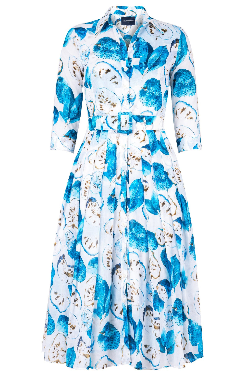 Audrey Dress #4 Shirt Collar 3/4 Sleeve Midi Length Cotton Musola (Watercolor Soursop White)