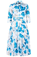 Audrey Dress #4 Shirt Collar 3/4 Sleeve Midi Length Cotton Musola (Watercolor Soursop White)