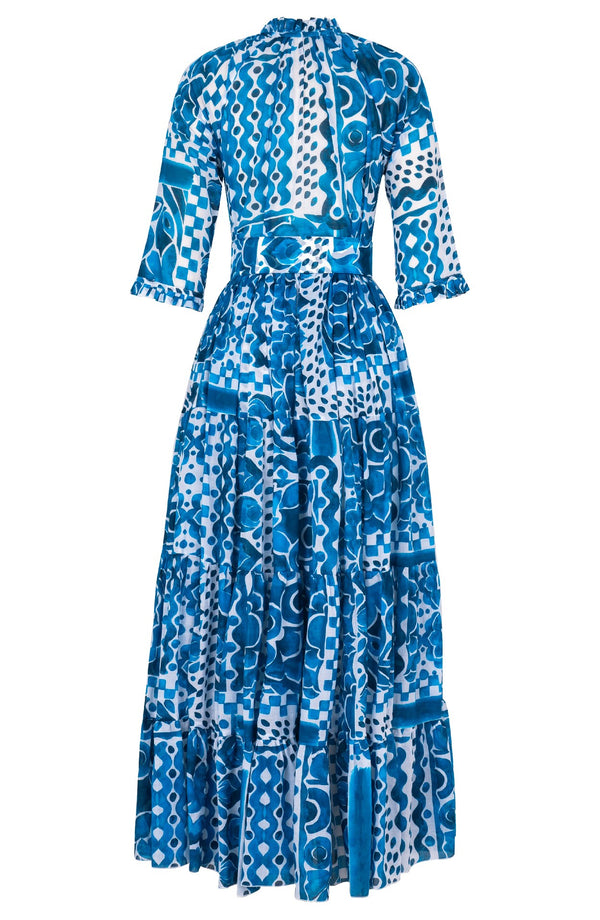 Eva Dress Crew Neck 3/4 Sleeve Maxi Length Cotton Musola (Watercolor Tile Mono)