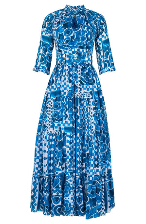 Eva Dress Crew Neck 3/4 Sleeve Maxi Length Cotton Musola (Watercolor Tile Mono)