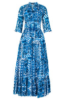 Eva Dress Crew Neck 3/4 Sleeve Maxi Length Cotton Musola (Watercolor Tile Mono)