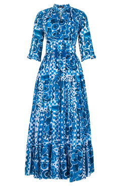 Eva Dress Crew Neck 3/4 Sleeve Maxi Length Cotton Musola (Watercolor Tile Mono)