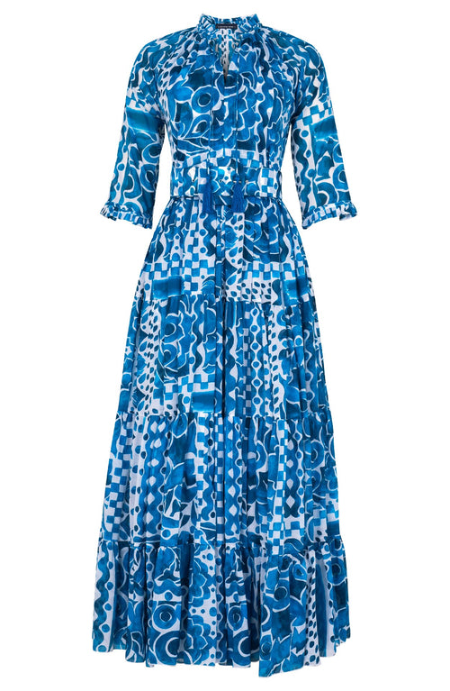 Eva Dress Crew Neck 3/4 Sleeve Maxi Length Cotton Musola (Watercolor Tile Mono)