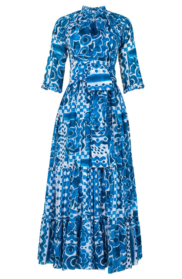 Eva Dress Crew Neck 3/4 Sleeve Maxi Length Cotton Musola (Watercolor Tile Mono)