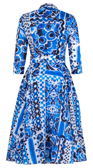 Aster Dress Shirt Collar 3/4 Sleeve Midi Length Ramie (Watercolor Tile Mono)