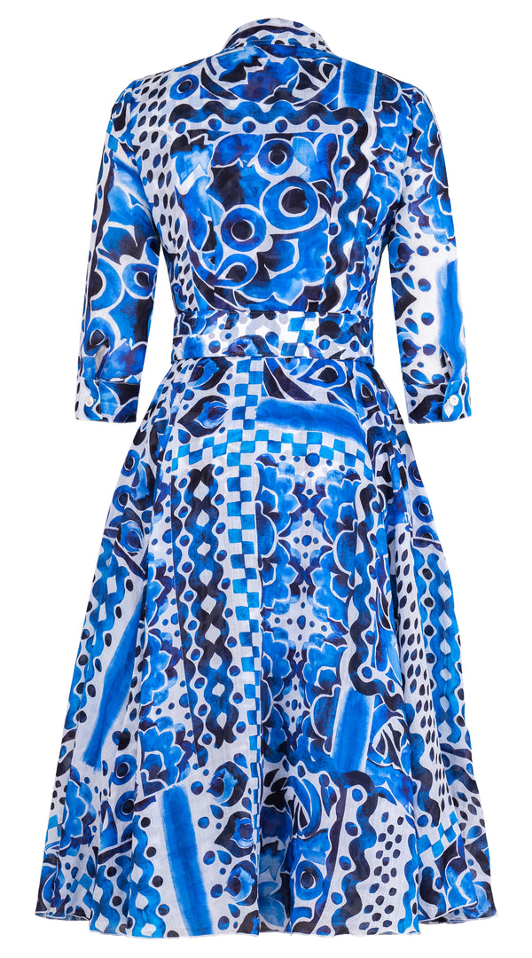 Aster Dress Shirt Collar 3/4 Sleeve Midi Length Ramie (Watercolor Tile Mono)