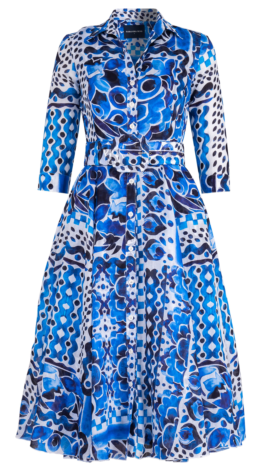 Aster Dress Shirt Collar 3/4 Sleeve Midi Length Ramie (Watercolor Tile Mono)