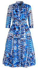 Aster Dress Shirt Collar 3/4 Sleeve Midi Length Ramie (Watercolor Tile Mono)