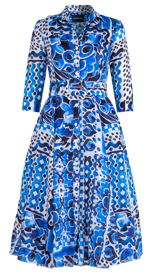 Aster Dress Shirt Collar 3/4 Sleeve Midi Length Ramie (Watercolor Tile Mono)