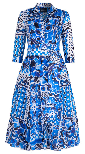 Aster Dress Shirt Collar 3/4 Sleeve Midi Length Ramie (Watercolor Tile Mono)