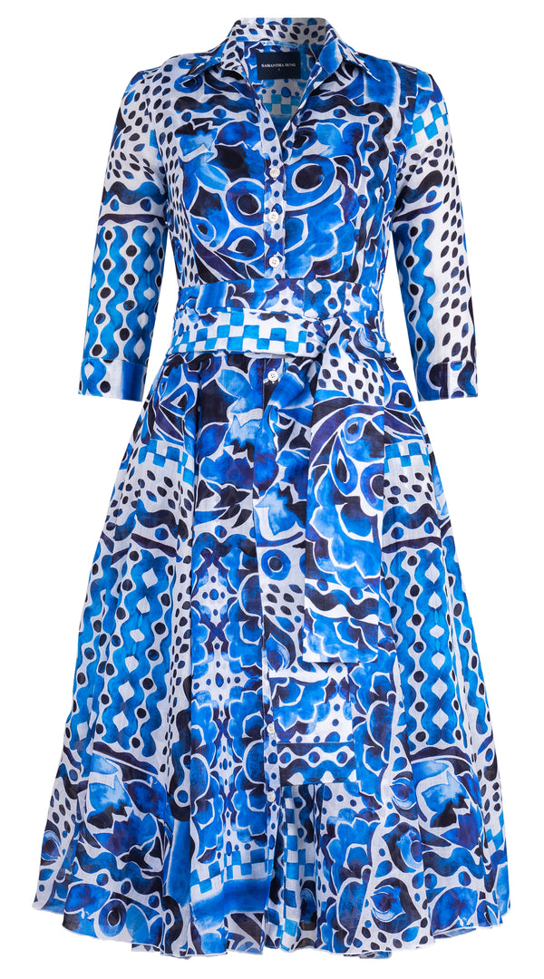 Aster Dress Shirt Collar 3/4 Sleeve Midi Length Ramie (Watercolor Tile Mono)