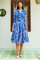 Aster Dress Shirt Collar 3/4 Sleeve Midi Length Cotton Musola (Watercolor Tile Mono)