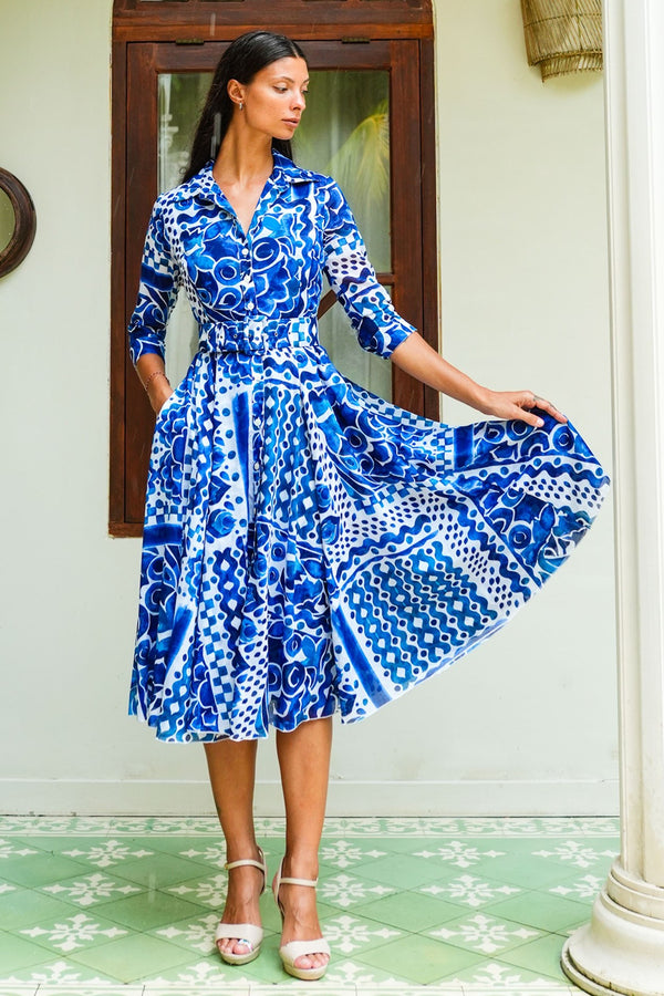 Aster Dress Shirt Collar 3/4 Sleeve Midi Length Cotton Musola (Watercolor Tile Mono)