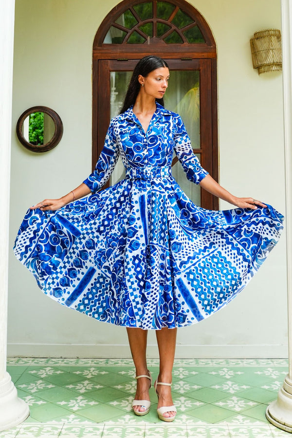 Aster Dress Shirt Collar 3/4 Sleeve Midi Length Cotton Musola (Watercolor Tile Mono)