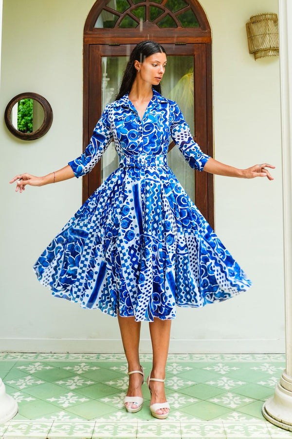 Aster Dress Shirt Collar 3/4 Sleeve Midi Length Cotton Musola (Watercolor Tile Mono)