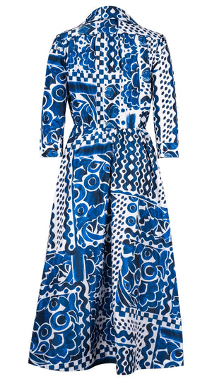 Terry Dress Shirt Collar 3/4 Sleeve Midi Plus Length Silk Taffta (Watercolor Tile Mono)