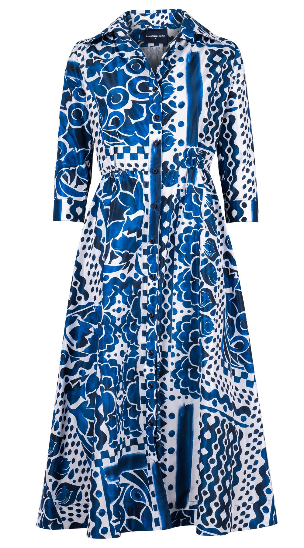 Terry Dress Shirt Collar 3/4 Sleeve Midi Plus Length Silk Taffta (Watercolor Tile Mono)