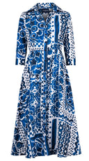 Terry Dress Shirt Collar 3/4 Sleeve Midi Plus Length Silk Taffta (Watercolor Tile Mono)