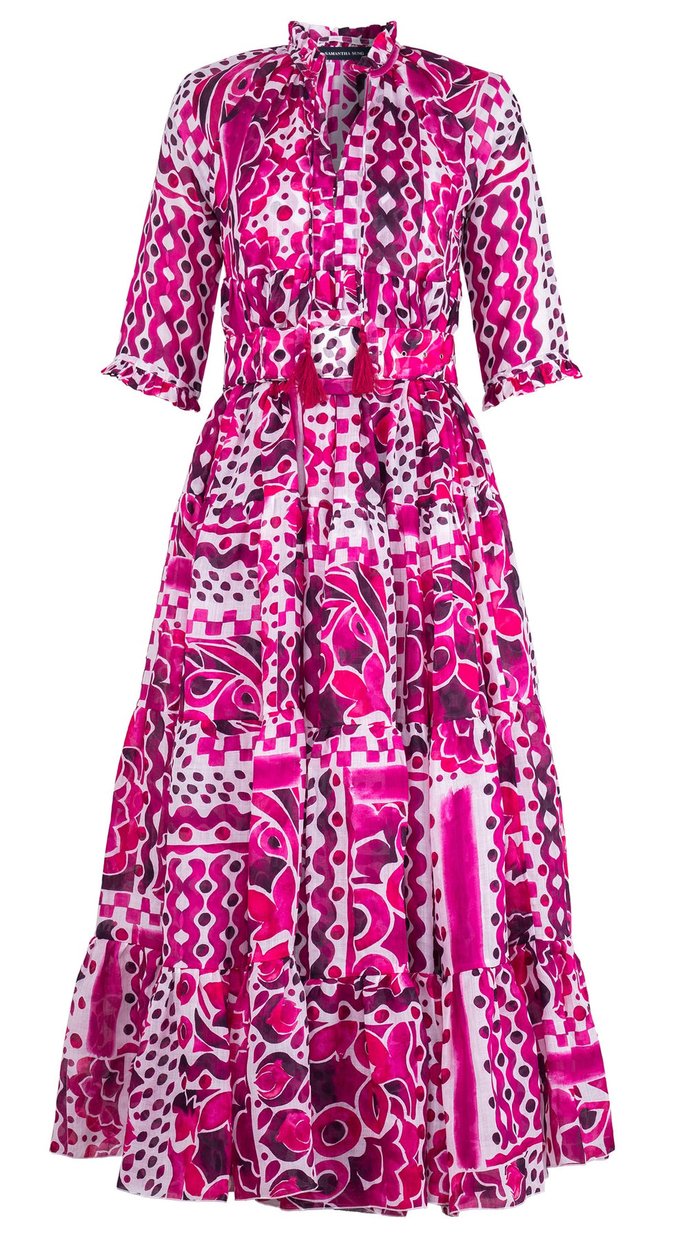 Eden Dress Crew Neck 3/4 Sleeve Maxi Length Cotton Musola (Watercolor Tile Mono)