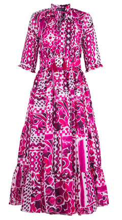 Eden Dress Crew Neck 3/4 Sleeve Maxi Length Cotton Musola (Watercolor Tile Mono)