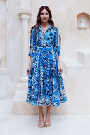 Audrey Dress #4 Shirt Collar 3/4 Sleeve Midi Length Cotton Musola (Watercolor Tile Mono)