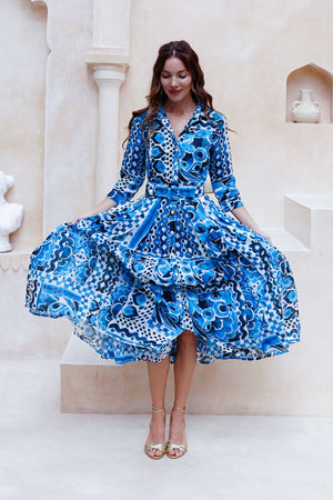 Audrey Dress #4 Shirt Collar 3/4 Sleeve Midi Length Cotton Musola (Watercolor Tile Mono)