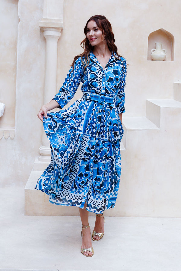 Audrey Dress #4 Shirt Collar 3/4 Sleeve Midi Length Cotton Musola (Watercolor Tile Mono)