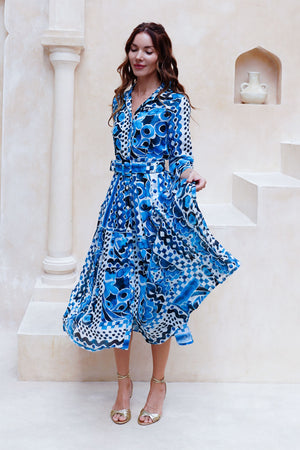 Audrey Dress #4 Shirt Collar 3/4 Sleeve Midi Length Cotton Musola (Watercolor Tile Mono)